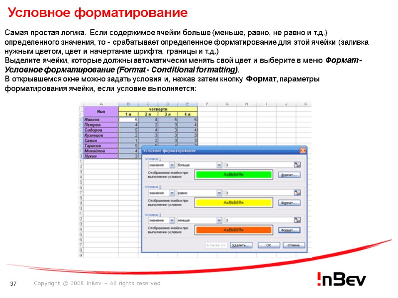 Условное форматирование  Самая простая логика. Если содержимое ячейки больше (меньше, равно, не равно